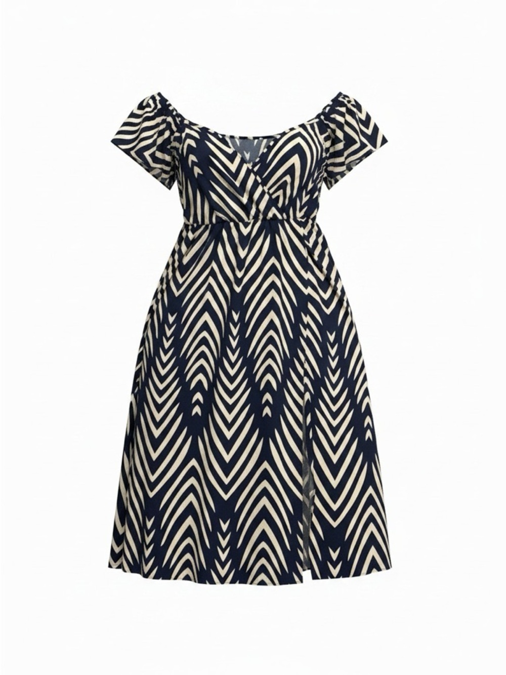 Navy & Cream Chevron Off-Shoulder Maxi Dress